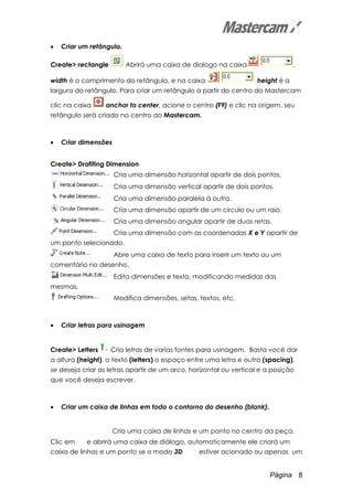 Página 8
• Criar um retângulo.
Create> rectangle Abrirá uma caixa de dialogo na caixa ,
width é o comprimento do retângulo, e na caixa height é a
largura do retângulo. Para criar um retângulo a partir do centro do Mastercam
clic na caixa anchor to center, acione o centro (F9) e clic na origem, seu
retângulo será criado no centro do Mastercam.
• Criar dimensões
Create> Drafiting Dimension
Cria uma dimensão horizontal apartir de dois pontos.
Cria uma dimensão vertical apartir de dois pontos.
Cria uma dimensão paralela à outra.
Cria uma dimensão apartir de um circulo ou um raio.
Cria uma dimensão angular apartir de duas retas.
Cria uma dimensão com as coordenadas X e Y apartir de
um ponto selecionado.
Abre uma caixa de texto para inserir um texto ou um
comentário no desenho.
Edita dimensões e texto, modificando medidas das
mesmas.
Modifica dimensões, setas, textos, etc.
• Criar letras para usinagem
Create> Letters Cria letras de varias fontes para usinagem. Basta você dar
a altura (height), o texto (letters) o espaço entre uma letra e outra (spacing),
se deseja criar as letras apartir de um arco, horizontal ou vertical e a posição
que você deseja escrever.
• Criar um caixa de linhas em todo o contorno do desenho (blank).
Cria uma caixa de linhas e um ponto no centro da peça.
Clic em e abrirá uma caixa de diálogo, automaticamente ele criará um
caixa de linhas e um ponto se o modo 3D estiver acionado ou apenas um
 