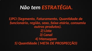 Não tem ESTRATÉGIA.
1)PCI (Segmento, Faturamento, Quantidade de
funcionário, região, sexo, faixa etária, consumiu
outros produtos).
2) Lista
3) Canal
4) Mensagem
5) Quantidade ( META DE PROSPECÇÃO)
 