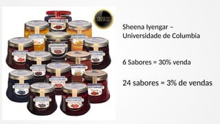 Sheena Iyengar –
Universidade de Columbia
6 Sabores = 30% venda
24 sabores = 3% de vendas
 
