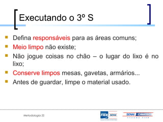 Executando o 3º S
   Defina responsáveis para as áreas comuns;
   Meio limpo não existe;
   Não jogue coisas no chão – o lugar do lixo é no
    lixo;
   Conserve limpos mesas, gavetas, armários...
   Antes de guardar, limpe o material usado.




       Metodologia 5S
 