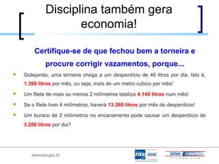Disciplina também gera
                    economia!

        Certifique-se de que fechou bem a torneira e
             procure corrigir vazamentos, porque...
   Gotejando, uma torneira chega a um desperdício de 46 litros por dia. Isto é,
    1.380 litros por mês, ou seja, mais de um metro cúbico por mês!
   Um filete de mais ou menos 2 milímetros totaliza 4.140 litros num mês!
   Se o filete tiver 4 milímetros, haverá 13.260 litros por mês de desperdício!
   Um buraco de 2 milímetros no encanamento pode causar um desperdício de
    3.200 litros por dia?




       Metodologia 5S
 