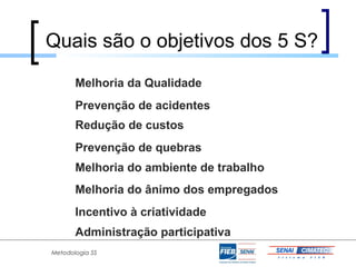 Quais são o objetivos dos 5 S?

       Melhoria da Qualidade
       Prevenção de acidentes
       Redução de custos
       Prevenção de quebras
       Melhoria do ambiente de trabalho
       Melhoria do ânimo dos empregados
       Incentivo à criatividade
       Administração participativa
Metodologia 5S
 