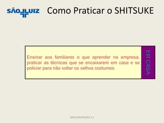 Como Praticar o SHITSUKE




                                                      EM CASA
Ensinar aos familiares o que aprender na empresa,
praticar as técnicas que se encaixarem em casa e se
policiar para não voltar os velhos costumes.




                   IMPLEMENTAÇÃO 5 S
 