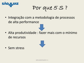 Por que 5 S ?
• Integração com a metodologia de processos
  de alta performance

• Alta produtividade : fazer mais com o mínimo
  de recursos

• Sem stress


                   IMPLEMENTAÇÃO 5 S
 
