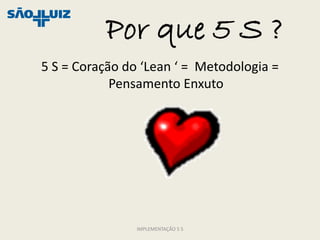 Por que 5 S ?
5 S = Coração do ‘Lean ‘ = Metodologia =
            Pensamento Enxuto




                IMPLEMENTAÇÃO 5 S
 