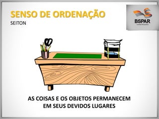 AS COISAS E OS OBJETOS PERMANECEM
EM SEUS DEVIDOS LUGARES
SENSO DE ORDENAÇÃO
SEITON
 