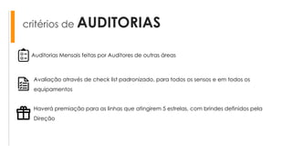 critérios de AUDITORIAS
Auditorias Mensais feitas por Auditores de outras áreas
Avaliação através de check list padronizado, para todos os sensos e em todos os
equipamentos
Haverá premiação para as linhas que atingirem 5 estrelas, com brindes definidos pela
Direção
 