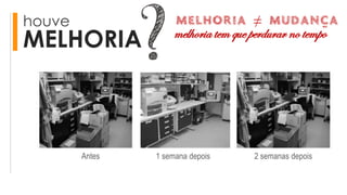 houve
MELHORIA
Antes 1 semana depois 2 semanas depois
melhoria ≠ mudança
melhoria tem que perdurar no tempo
 