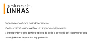 gestores das
LINHAS
Supervisores dos turnos, definidos em sorteio
Cada um ficará responsável por um grupo de equipamentos
Será responsável pela gestão do plano de ação e definição dos responsáveis pelo
cronograma de limpeza dos equipamentos
 