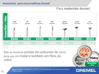 Strictly confidential | PT-RT/MKT-LA | 10/17/2014 | © 2014 Robert Bosch Tool Corporation and affiliates.
All rights reserved.
Acessórios para microrretíficas Dremel
Fibra
de Vidro
Vidro
13
Esmerilhar
e Afiar
9/32”
7,1 mm
1/8”
3,2 mm
1/8”
3,2 mm
3/16”
4,8 mm
25/32”
19,8 mm
13/32”
10,3 mm
1/2”
12,7 mm
Para materiais duros!
São as mesmas pontas de carbureto de silício
para uso em metal e também em fibra de
vidro!
Cerâmica
 