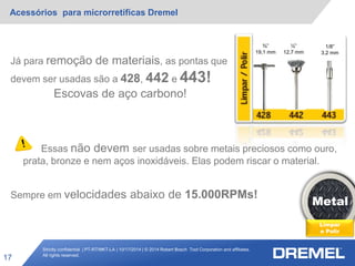 Strictly confidential | PT-RT/MKT-LA | 10/17/2014 | © 2014 Robert Bosch Tool Corporation and affiliates.
All rights reserved.
Acessórios para microrretíficas Dremel
17
Metal
Limpar
e Polir
¾”
19,1 mm
½”
12,7 mm
1/8”
3,2 mm
Já para remoção de materiais, as pontas que
devem ser usadas são a 428, 442 e 443!
Escovas de aço carbono!
Essas não devem ser usadas sobre metais preciosos como ouro,
prata, bronze e nem aços inoxidáveis. Elas podem riscar o material.
Sempre em velocidades abaixo de 15.000RPMs!
 