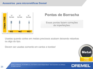 Strictly confidential | PT-RT/MKT-LA | 10/17/2014 | © 2014 Robert Bosch Tool Corporation and affiliates.
All rights reserved.
Acessórios para microrretíficas Dremel
25
Metal
Limpar
e Polir
Pontas de Borracha
Essas pontas fazem correções
de imperfeições.
¼”
6,4 mm
¼”
6,4 mm
¼”
6,4 mm
Usadas quando cortes em metais preciosos acabam deixando rebarbas
ou algo do tipo.
Devem ser usadas somente em cantos e bordas!
 