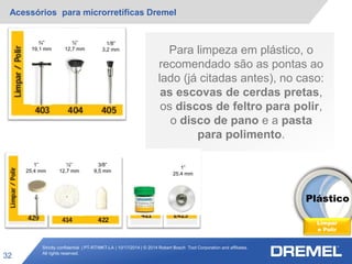 Strictly confidential | PT-RT/MKT-LA | 10/17/2014 | © 2014 Robert Bosch Tool Corporation and affiliates.
All rights reserved.
Acessórios para microrretíficas Dremel
32
Plástico
Limpar
e Polir
¾”
19,1 mm
½”
12,7 mm
1/8”
3,2 mm
1”
25,4 mm
½”
12,7 mm
3/8”
9,5 mm
1”
25,4 mm
Para limpeza em plástico, o
recomendado são as pontas ao
lado (já citadas antes), no caso:
as escovas de cerdas pretas,
os discos de feltro para polir,
o disco de pano e a pasta
para polimento.
 