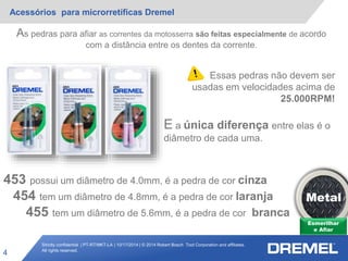 Strictly confidential | PT-RT/MKT-LA | 10/17/2014 | © 2014 Robert Bosch Tool Corporation and affiliates.
All rights reserved.
Acessórios para microrretíficas Dremel
4
As pedras para afiar as correntes da motosserra são feitas especialmente de acordo
com a distância entre os dentes da corrente.
Esmerilhar
e Afiar
Metal
453 possui um diâmetro de 4.0mm, é a pedra de cor cinza
454 tem um diâmetro de 4.8mm, é a pedra de cor laranja
455 tem um diâmetro de 5.6mm, é a pedra de cor branca
Essas pedras não devem ser
usadas em velocidades acima de
25.000RPM!
E a única diferença entre elas é o
diâmetro de cada uma.
 