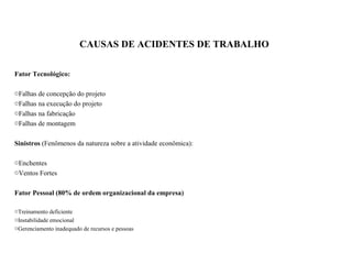 CAUSAS DE ACIDENTES DE TRABALHO
Fator Tecnológico:
oFalhas de concepção do projeto
oFalhas na execução do projeto
oFalhas na fabricação
oFalhas de montagem
Sinistros (Fenômenos da natureza sobre a atividade econômica):
oEnchentes
oVentos Fortes
Fator Pessoal (80% de ordem organizacional da empresa)
oTreinamento deficiente
oInstabilidade emocional
oGerenciamento inadequado de recursos e pessoas
 