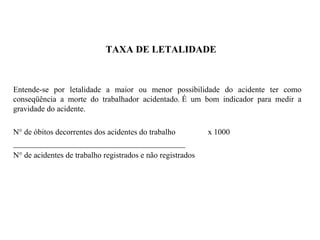 TAXA DE LETALIDADE
Entende-se por letalidade a maior ou menor possibilidade do acidente ter como
conseqüência a morte do trabalhador acidentado. É um bom indicador para medir a
gravidade do acidente.
N° de óbitos decorrentes dos acidentes do trabalho x 1000
___________________________________________
N° de acidentes de trabalho registrados e não registrados
 