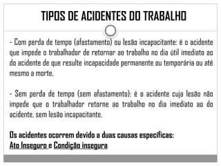 TIPOS DE ACIDENTES DO TRABALHO
- Com perda de tempo (afastamento) ou lesão incapacitante: é o acidente
que impede o trabalhador de retornar ao trabalho no dia útil imediato ao
do acidente de que resulte incapacidade permanente ou temporária ou até
mesmo a morte.
- Sem perda de tempo (sem afastamento): é o acidente cuja lesão não
impede que o trabalhador retorne ao trabalho no dia imediato ao do
acidente, sem lesão incapacitante.
Os acidentes ocorrem devido a duas causas específicas:
Ato Inseguro e Condição insegura
 
