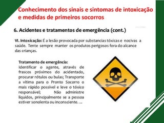 Conhecimento dos sinais e sintomas de intoxicação
e medidas de primeiros socorros
 