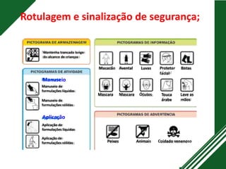Rotulagem e sinalização de segurança;
Mantenha trancado longe
do alcance de crianças
Manuseio de
formulações líquidas
Manuseio
Manuseio de
formulações sólidas
Aplicação
Aplicação de
formulações líquidas
Aplicação de
formulações sólidas
Macacão Avental Luvas Protetor
facial
Botas
Mascara Mascara Óculos Touca
árabe
Lave as
mãos
Peixes Animais Cuidado venenoso
 
