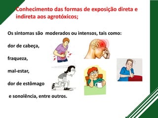 Os sintomas são moderados ou intensos, tais como:
dor de cabeça,
fraqueza,
mal-estar,
dor de estômago
e sonolência, entre outros.
Conhecimento das formas de exposição direta e
indireta aos agrotóxicos;
 