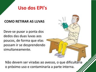 Uso dos EPI's
Deve-se puxar a ponta dos
dedos das duas luvas aos
poucos, de forma que elas
possam ir se desprendendo
simultaneamente.
Não devem ser viradas ao avesso, o que dificultaria
o próximo uso e contaminaria a parte interna.
COMO RETIRAR AS LUVAS
 