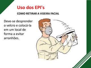 Uso dos EPI's
COMO RETIRAR A VISEIRA FACIAL
Deve-se desprender
o velcro e colocá-la
em um local de
forma a evitar
arranhões.
 