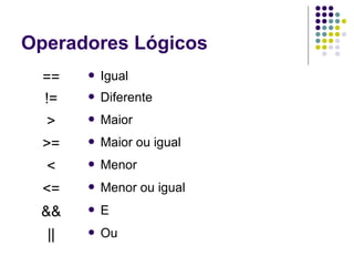 Operadores Lógicos
==
!=



Igual



Diferente

>



Maior

>=



Maior ou igual

<



Menor

<=



Menor ou igual

&&



E

||



Ou

 