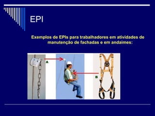 EPI
Exemplos de EPIs para trabalhadores em atividades de
manutenção de fachadas e em andaimes:
 