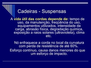 Cadeiras - Suspensas
A vida útil das cordas depende de: tempo de
uso, da manutenção, freqüência do uso,
equipamentos utilizados, intensidade da
carga, abrasão física, degradação química,
exposição a raios solares (ultravioleta), clima
etc.
Nó enfraquece a corda no local da curvatura
com perda de resistência de até 60%.
Esforço contínuo, causa danos menores do que
um esforço de impacto.
 