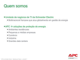 Quem somos
● Unidade de negócios de TI da Schneider Electric
● Multinacional francesa que atua globalmente em gestão de energia

● APC  soluções de proteção de energia
● Ambientes residênciais
● Pequenas e médias empresas
● Comércio
● Indústria
● Grandes data centers

APC by Schneider Electric – Marketing de Produto – Junho/2011

 