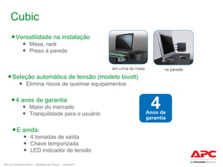 Cubic
● Versatilidade na instalação
● Mesa, rack
● Preso à parede

● Seleção automática de tensão (modelo bivolt)
● Elimina riscos de queimar equipamentos

● 4 anos de garantia

● Maior do mercado
● Tranquilidade para o usuário

● E ainda:

● 4 tomadas de saída
● Chave temporizada
● LED indicador de tensão

APC by Schneider Electric – Marketing de Produto – Junho/2011

 