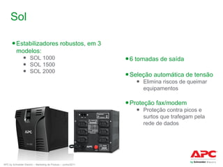 Sol
● Estabilizadores robustos, em 3
modelos:
● SOL 1000
● SOL 1500
● SOL 2000

● 6 tomadas de saída
● Seleção automática de tensão
● Elimina riscos de queimar
equipamentos

● Proteção fax/modem

● Proteção contra picos e
surtos que trafegam pela
rede de dados

APC by Schneider Electric – Marketing de Produto – Junho/2011

 