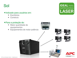 Sol
● Indicado para usuários em:
● Escritórios
● Comércio

● Para a proteção de:

● Maior quantidade de
equipamentos
● Equipamentos de maior potência

APC by Schneider Electric – Marketing de Produto – Junho/2011

 