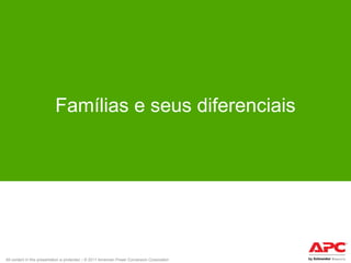 Famílias e seus diferenciais

APC by Schneider Electric – Marketing de Produto – American Power Conversion Corporation
All content in this presentation is protected – © 2011 Junho/2011

 