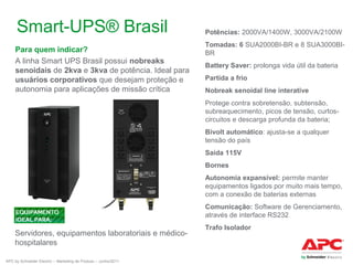 Smart-UPS® Brasil
Para quem indicar?
A linha Smart UPS Brasil possui nobreaks
senoidais de 2kva e 3kva de potência. Ideal para
usuários corporativos que desejam proteção e
autonomia para aplicações de missão crítica

Potências: 2000VA/1400W, 3000VA/2100W
Tomadas: 6 SUA2000BI-BR e 8 SUA3000BIBR
Battery Saver: prolonga vida útil da bateria
Partida a frio
Nobreak senoidal line interative
Protege contra sobretensão, subtensão,
subreaquecimento, picos de tensão, curtoscircuitos e descarga profunda da bateria;
Bivolt automático: ajusta-se a qualquer
tensão do país
Saída 115V
Bornes
Autonomia expansível: permite manter
equipamentos ligados por muito mais tempo,
com a conexão de baterias externas
Comunicação: Software de Gerenciamento,
através de interface RS232

Servidores, equipamentos laboratoriais e médicohospitalares
APC by Schneider Electric – Marketing de Produto – Junho/2011

Trafo Isolador

 