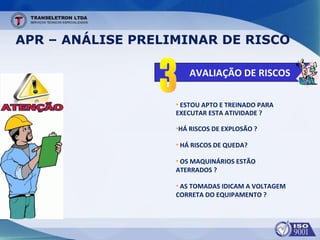 APR – ANÁLISE PRELIMINAR DE RISCO
• ESTOU APTO E TREINADO PARA
EXECUTAR ESTA ATIVIDADE ?
•HÁ RISCOS DE EXPLOSÃO ?
• HÁ RISCOS DE QUEDA?
• OS MAQUINÁRIOS ESTÃO
ATERRADOS ?
• AS TOMADAS IDICAM A VOLTAGEM
CORRETA DO EQUIPAMENTO ?
AVALIAÇÃO DE RISCOS
 