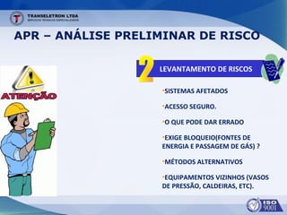 APR – ANÁLISE PRELIMINAR DE RISCO
•SISTEMAS AFETADOS
•ACESSO SEGURO.
•O QUE PODE DAR ERRADO
•EXIGE BLOQUEIO(FONTES DE
ENERGIA E PASSAGEM DE GÁS) ?
•MÉTODOS ALTERNATIVOS
•EQUIPAMENTOS VIZINHOS (VASOS
DE PRESSÃO, CALDEIRAS, ETC).
LEVANTAMENTO DE RISCOS
 