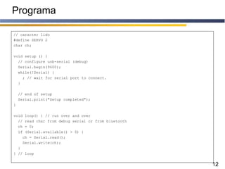 12
Programa
// caracter lido
#define SERVO 2
char ch;
void setup () {
// configure usb-serial (debug)
Serial.begin(9600);
while(!Serial) {
; // wait for serial port to connect.
}
// end of setup
Serial.print("Setup completed");
}
void loop() { // run over and over
// read char from debug serial or from bluetooth
ch = 0;
if (Serial.available() > 0) {
ch = Serial.read();
Serial.write(ch);
}
} // loop
 