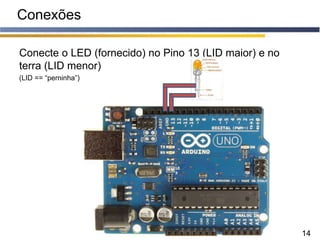 14
Conexões
Conecte o LED (fornecido) no Pino 13 (LID maior) e no
terra (LID menor)
(LID == “perninha”)
 