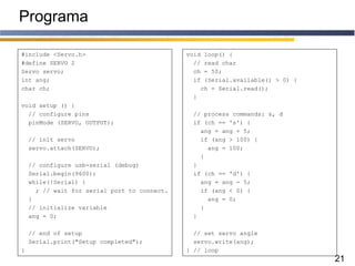 21
Programa
#include <Servo.h>
#define SERVO 2
Servo servo;
int ang;
char ch;
void setup () {
// configure pins
pinMode (SERVO, OUTPUT);
// init servo
servo.attach(SERVO);
// configure usb-serial (debug)
Serial.begin(9600);
while(!Serial) {
; // wait for serial port to connect.
}
// initialize variable
ang = 0;
// end of setup
Serial.print("Setup completed");
}
void loop() {
// read char
ch = 50;
if (Serial.available() > 0) {
ch = Serial.read();
}
// process commands: s, d
if (ch == 's') {
ang = ang + 5;
if (ang > 100) {
ang = 100;
}
}
if (ch == 'd') {
ang = ang - 5;
if (ang < 0) {
ang = 0;
}
}
// set servo angle
servo.write(ang);
} // loop
 