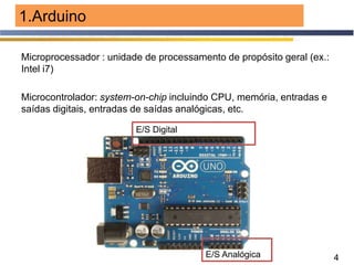 4
1.Arduino
Microprocessador : unidade de processamento de propósito geral (ex.:
Intel i7)
Microcontrolador: system-on-chip incluindo CPU, memória, entradas e
saídas digitais, entradas de saídas analógicas, etc.
E/S Digital
E/S Analógica
 