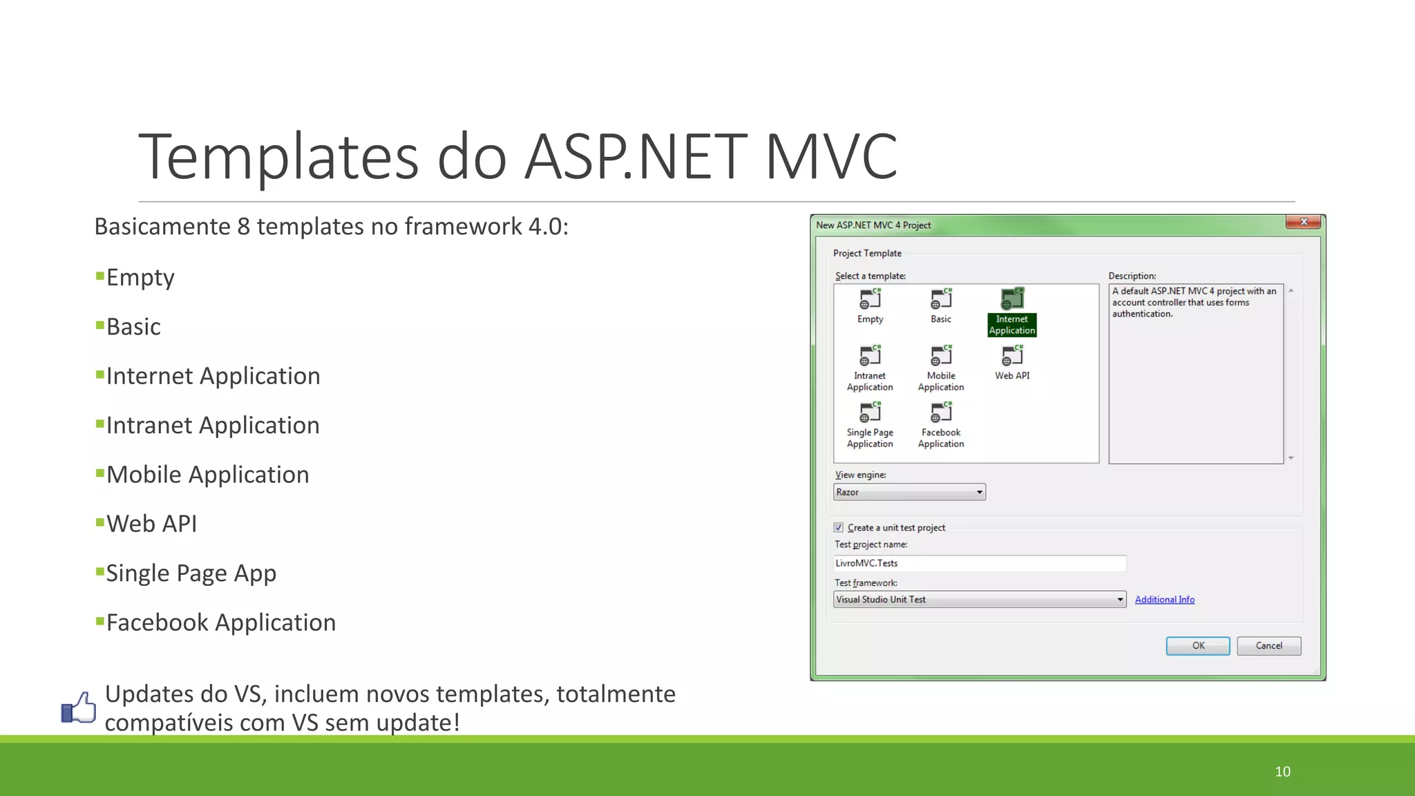Templates do ASP.NET MVC
Basicamente 8 templates no framework 4.0:
Empty
Basic
Internet Application
Intranet Application
Mobile Application
Web API
Single Page App
Facebook Application
Updates do VS, incluem novos templates, totalmente
compatíveis com VS sem update!
10
 