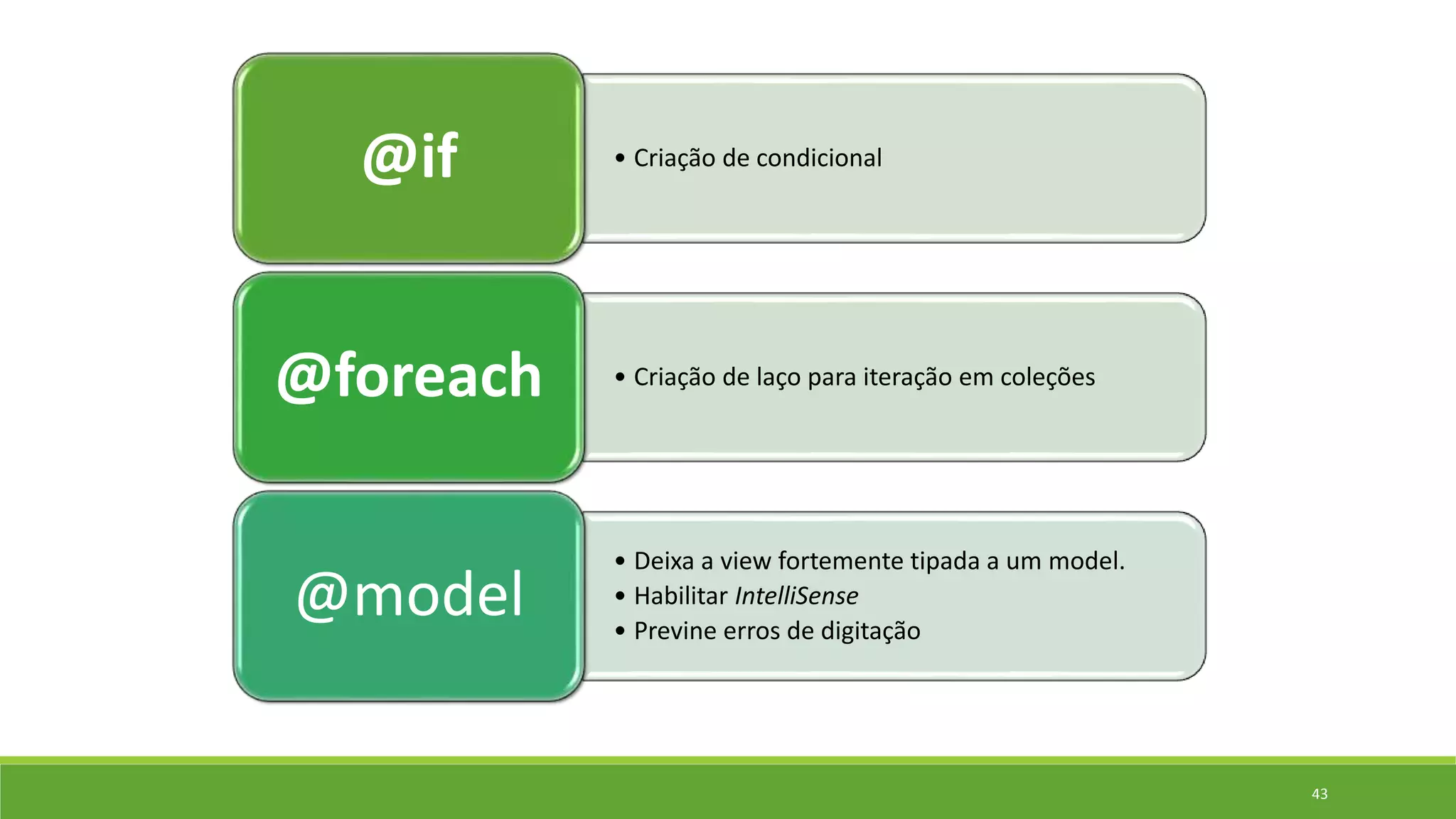 • Criação de condicional@if
• Criação de laço para iteração em coleções@foreach
• Deixa a view fortemente tipada a um model.
• Habilitar IntelliSense
• Previne erros de digitação
@model
43
 