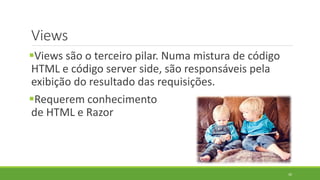 Views
Views são o terceiro pilar. Numa mistura de código
HTML e código server side, são responsáveis pela
exibição do resultado das requisições.
Requerem conhecimento
de HTML e Razor
30
 