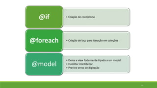 • Criação de condicional@if
• Criação de laço para iteração em coleções@foreach
• Deixa a view fortemente tipada a um model.
• Habilitar IntelliSense
• Previne erros de digitação
@model
43
 