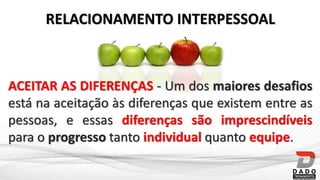 ACEITAR AS DIFERENÇAS - Um dos maiores desafios
está na aceitação às diferenças que existem entre as
pessoas, e essas diferenças são imprescindíveis
para o progresso tanto individual quanto equipe.
RELACIONAMENTO INTERPESSOAL
 