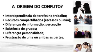 • Interdependência de tarefas no trabalho;
• Recursos compartilhados (escassos ou não);
• Diferenças de informação, percepção
• Existência de grupos;
• Diferenças personalidade;
• Frustração de uma ou ambas as partes.
A ORIGEM DO CONFLITO?
 