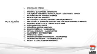 PAUTA REUNIÃO
1. ORGANIZAÇÃO INTERNA
2. PLANO DE CARGOS E SALÁRIOS
3. MELHORIAS QUALIDADE DO ATENDIMENTO
4. AVALIAÇÃO DE DESEMPENHO INDIVIDUAL, EQUIPE E OS SETORES DA EMPRESA
5. MAPEAMENTOS DOS PROCESSOS INTERNOS
6. PADRONIZAÇÃO DOS PROCESSOS
7. PRODUTIVIDADE DOS SERVIÇOS x TEMPO ATENDIMENTO X ESPERA
8. IMPLANTAÇÃO DE PADRÕES DE QUALIDADE E EXCELÊNCIAS (ATENDIMENTO x SERVIÇOS)
9. MELHORIAS NO PROCESSO DE COMUNICAÇÃO INTERNA
10. CUMPRIMENTO DOS PRAZOS
11. REDUÇÃO DE ERROS DE CADASTROS
12. DOCUMENTAÇÃO DOS PROCEDIMENTOS
13. RETENÇÃO DE CLIENTES x CANCELAMENTOS
14. INSATIFAÇÃO DE CLIENTES SERVIÇOS
15. TRABALHO EM EQUIPE
16. MULTIPLICADORES DE CONHECIMENTOS x TREINAMENTOS
17. TREINAMENTOS INTERNOS x SISTEMA E PRODUTOS
18. MANUAL DE CONDUTA E ÉTICA PROFISSIONAL
 