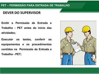 Emitir a Permissão de Entrada e
Trabalho - PET antes do início das
atividades;
Executar os testes, conferir os
equipamentos e os procedimentos
contidos na Permissão de Entrada e
Trabalho - PET;
PET – PERMISSÃO PARA ENTRADA DE TRABALHO
DEVER DO SUPERVISOR
 