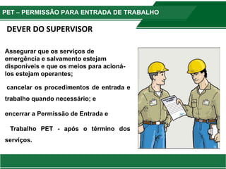 Assegurar que os serviços de
emergência e salvamento estejam
disponíveis e que os meios para acioná-
los estejam operantes;
cancelar os procedimentos de entrada e
trabalho quando necessário; e
encerrar a Permissão de Entrada e
Trabalho PET - após o término dos
serviços.
PET – PERMISSÃO PARA ENTRADA DE TRABALHO
DEVER DO SUPERVISOR
 